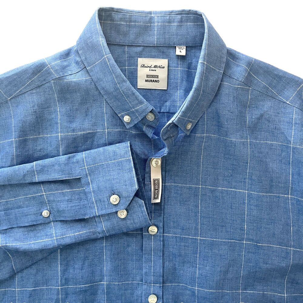 Baird McNutt Murano Linen Shirt Mens Large Windowpane Minimalist Luxury Preppy